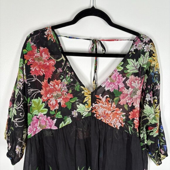 Johnny Was Womn XL Black Floral Cotton Silk Sheer Metalli Notte A-Line Dress NWT - Picture 6 of 14